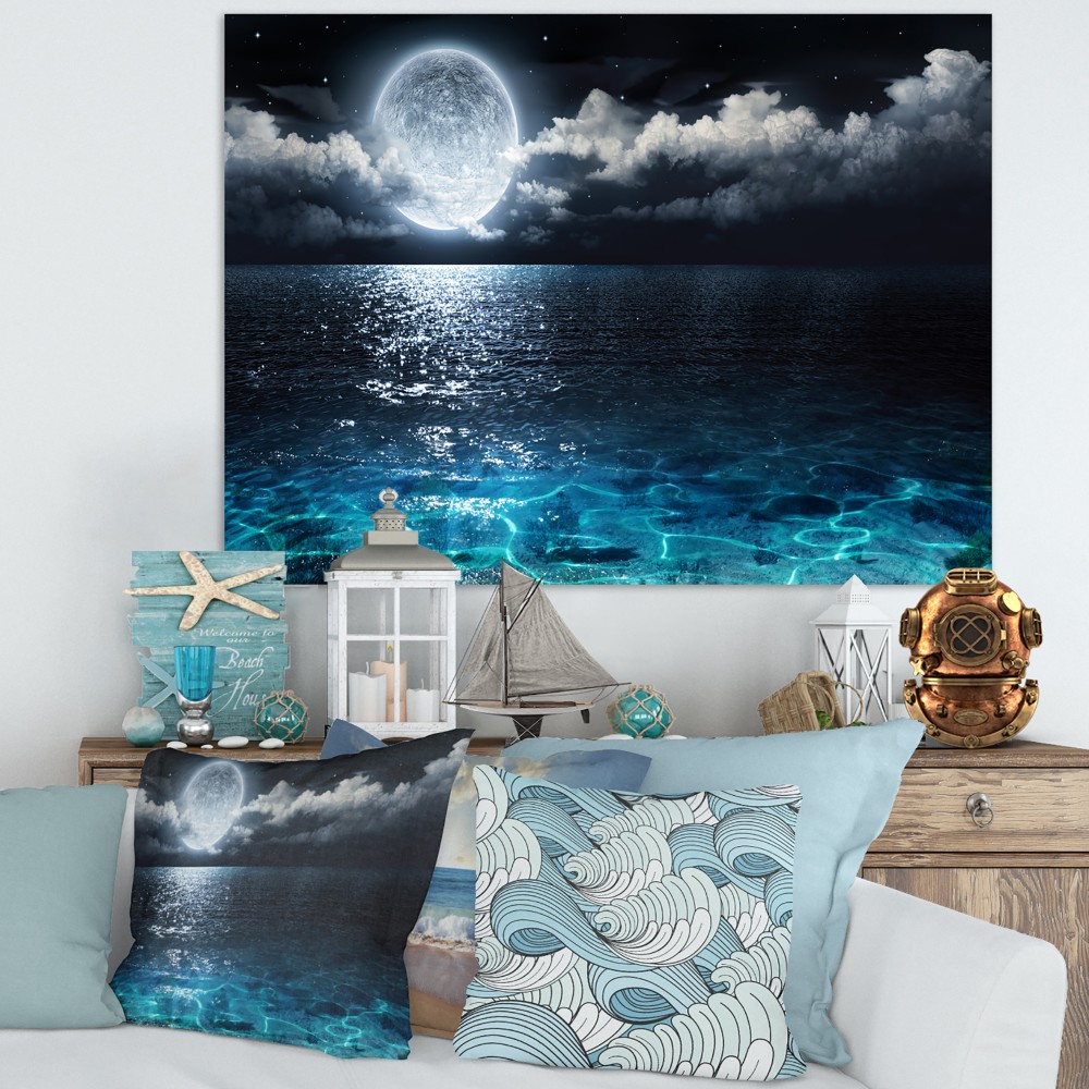 Designart Romantic Full Moon Over Sea Seascape Canvas Art Print