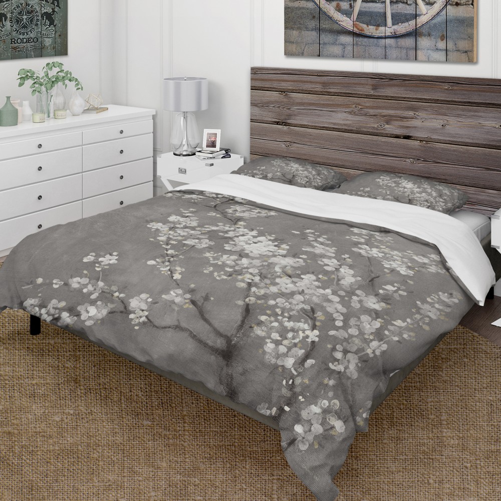 Designart White Cherry Blossoms Ii Farmhouse Comforter Bedding Set